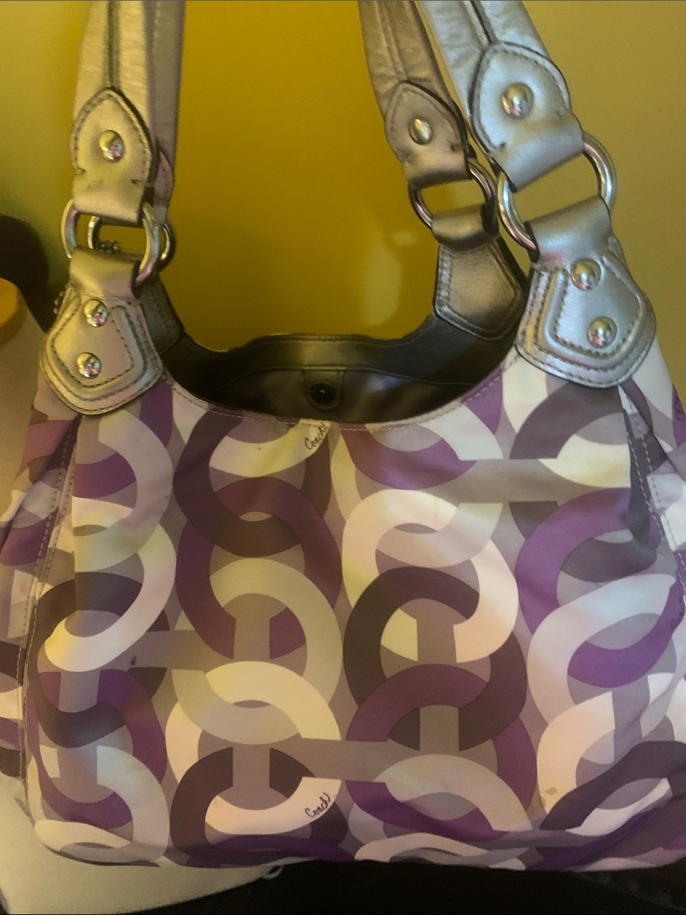 Coach Purple Geo Print Shoulder Tote with Silver Trim - Picture 3 of 5
